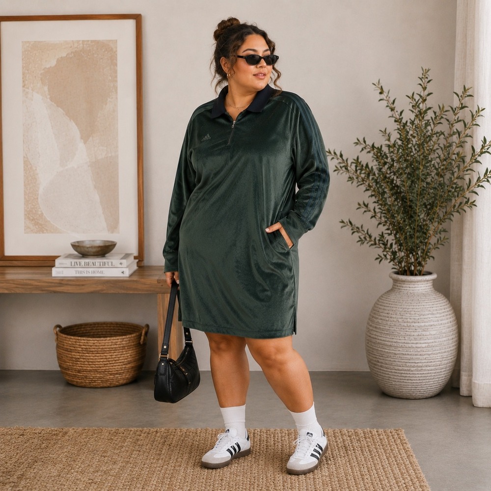 Adidas Women 3X Dark Green Velour Ribbed Quarter Zip Polo Long Sleeve Mini Dress